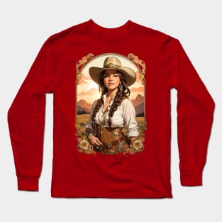 Farm Cowgirl at sunset in boho tribal retro vintage design Long Sleeve T-Shirt